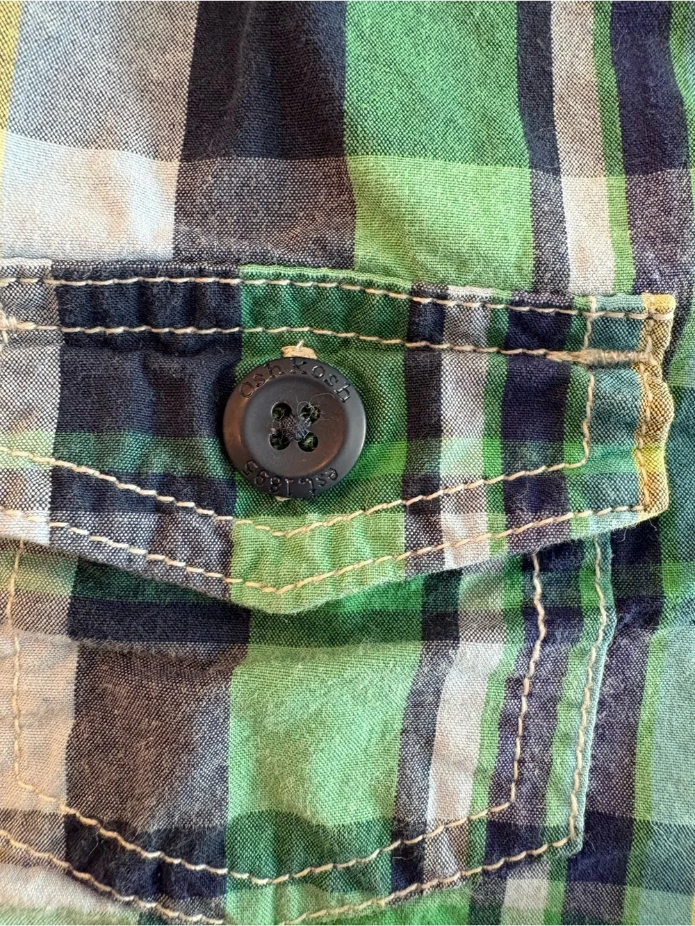 OshKosh Boys Preppy Plaid Overall Shorts Vestbak Cotton Blue Green 3 Months